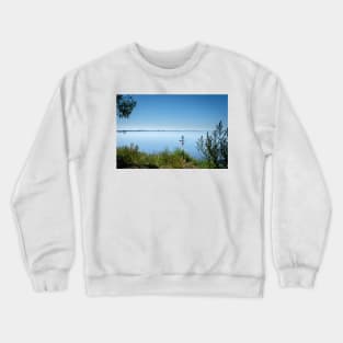 a lone board sailor in the quiet bay in the southern Öresund, on the Swedish side - SUP stand up paddle board Crewneck Sweatshirt